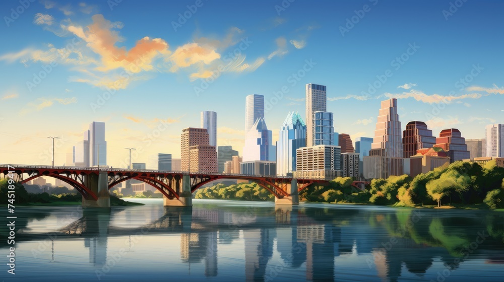 A scenic painting of a bridge over a river with a city in the background. Suitable for travel brochures or city guides
