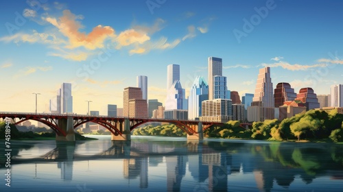 A scenic painting of a bridge over a river with a city in the background. Suitable for travel brochures or city guides