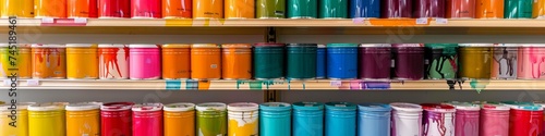 A wall of colorful paint cans in a hardware store photo
