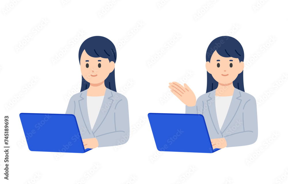 パソコンを見る・案内のポーズをするビジネスパーソン女性のセット【人物ベクターイラスト素材】 パソコンを見る・案内のポーズをするビジネスパーソン女性のセット【人物ベクターイラスト素材】