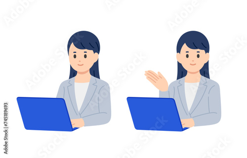 パソコンを見る･案内のポーズをするビジネスパーソン女性のセット【人物ベクターイラスト素材】