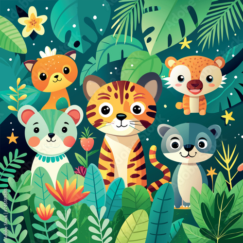 minimalist small cute and fun baby jungle animals in the style of a childrens invitation  large amount