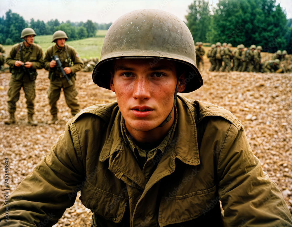 photo of intense soldier man in army outfit and helmet in serious dangerous war walking on field, generative AI