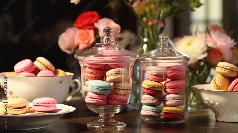 A table topped with two glass jars filled with colorful macarons. Perfect for bakery or dessert concepts