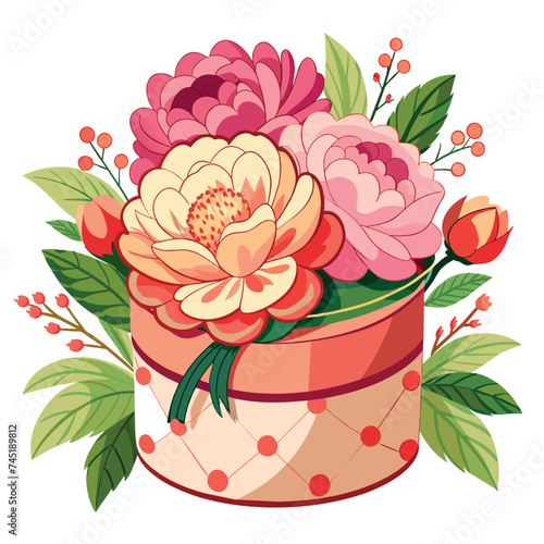 hatbox with peonies, animation printed poster, in the glamour style, golden glitter watercolor illustration on white