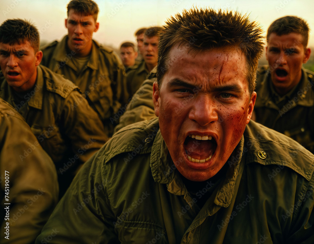 photo of intense soldier man in army outfit and helmet in serious dangerous war arguing with other, generative AI photo of intense soldier man in army outfit and helmet in serious dangerous war arguing with other, generative AI