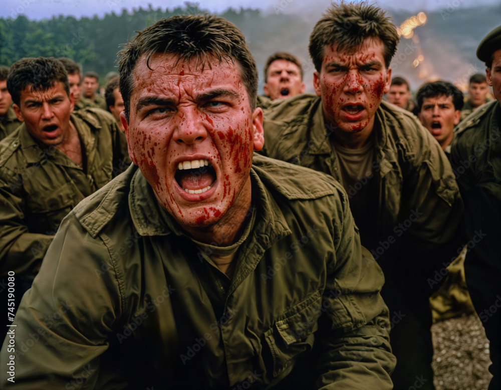 photo of intense soldier man in army outfit and helmet in serious dangerous war arguing with other, generative AI photo of intense soldier man in army outfit and helmet in serious dangerous war arguing with other, generative AI