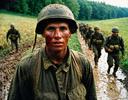 photo of intense soldier man in army outfit and helmet in serious dangerous war walking on field, generative AI