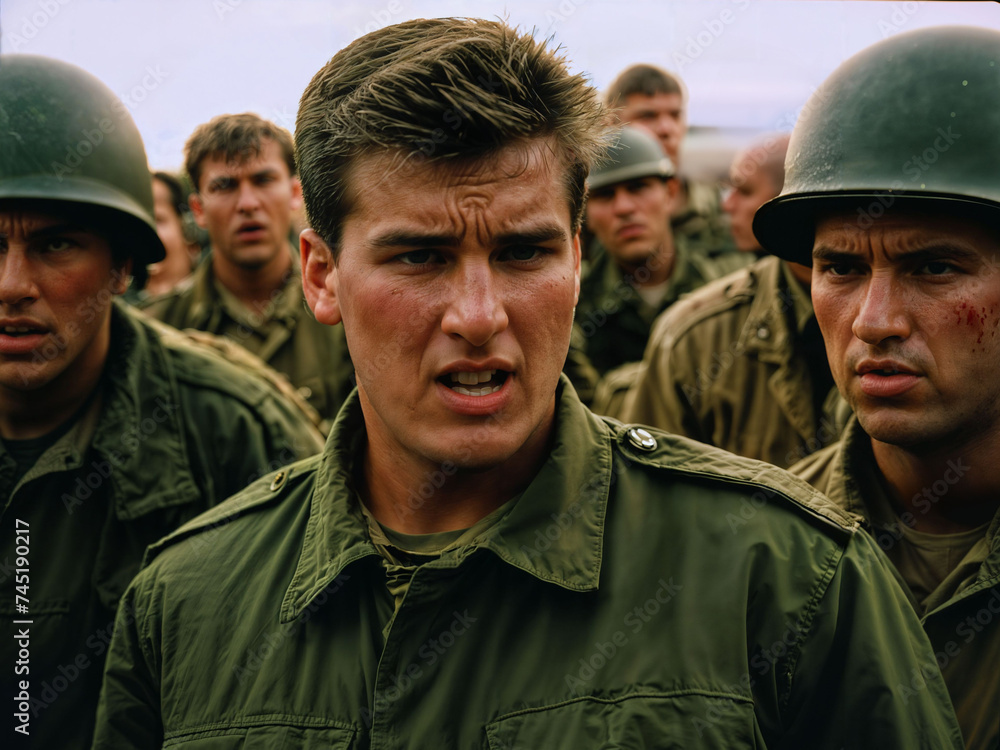 photo of intense soldier man in army outfit and helmet in serious dangerous war arguing with other, generative AI photo of intense soldier man in army outfit and helmet in serious dangerous war arguing with other, generative AI