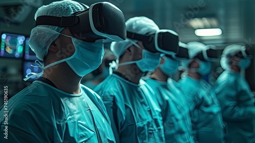 A surgeon in a surgical cap and mask engages with virtual reality technology during a medical procedure in an operating theatre. generative ai