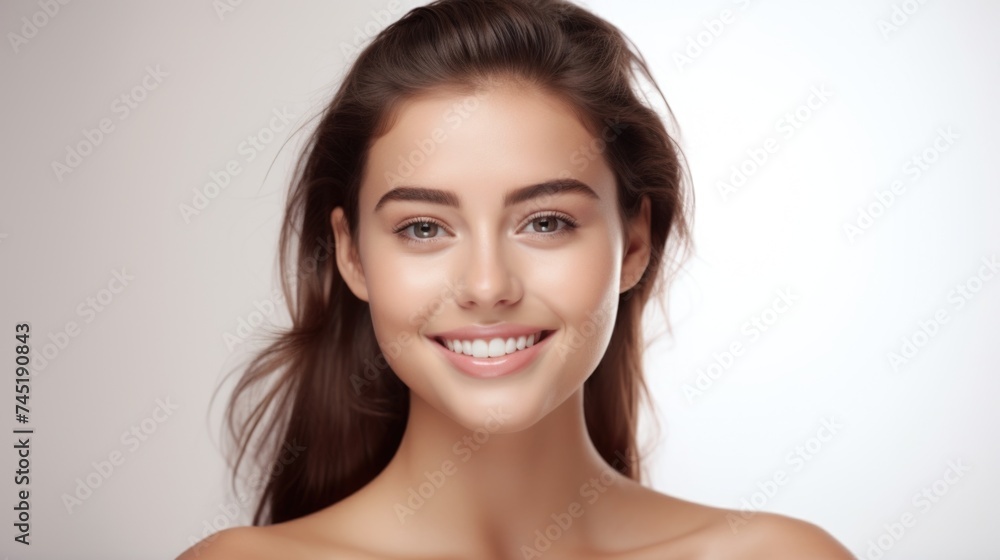 A stunning young woman showcasing long brown hair. Perfect for beauty and fashion concepts A stunning young woman showcasing long brown hair. Perfect for beauty and fashion concepts