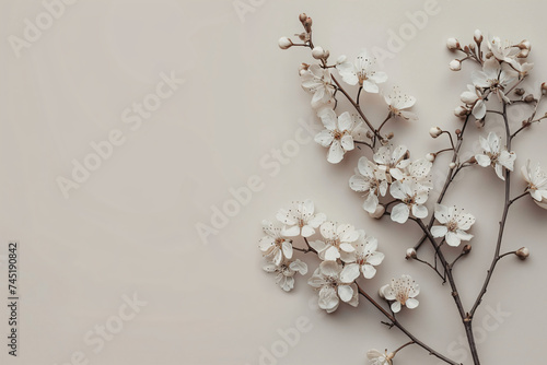 White cherry blossoms on neutral background. Delicate floral arrangement with copy space for springtime designs and wedding invitations