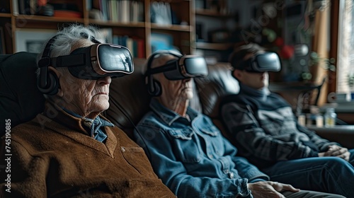 Senior people wearing virtual reality headsets, experiencing new technology while sitting comfortably at home. generative ai