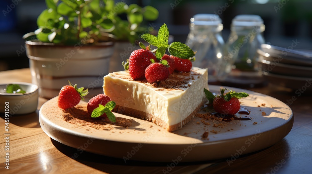 realistic photo of cheesecake slice, with strawberries on top, table set up, blurred kitchen backround, green plant, morning soft light. realistic photo of cheesecake slice, with strawberries on top, table set up, blurred kitchen backround, green plant, morning soft light.