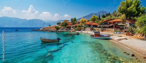 Panoramic view of traditional fishing boats on the shore of Kefalonia island, Greece