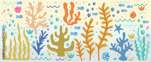 Vector undersea set with colorful seaweed, fishes, seashells, bubbles, waves and seastars