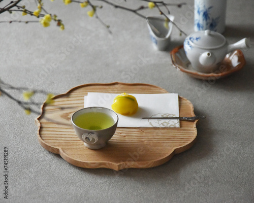 Obraz na plátne japanese sencha green tea with nerikiri wagashi sweets and tea ceremony ware