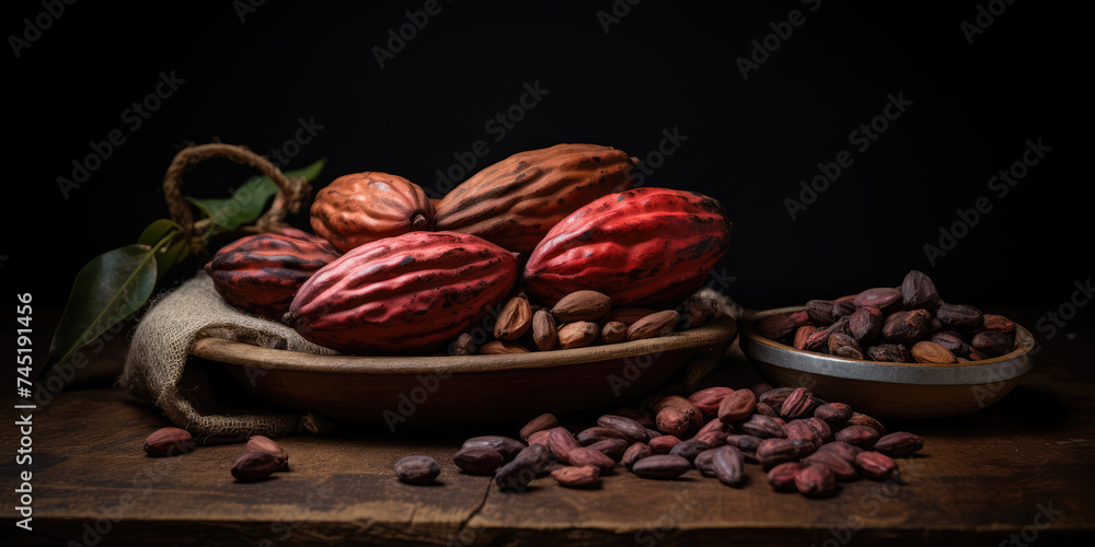 Richly colored cocoa pods and scattered beans on a rustic wooden surface with a dark moody background.