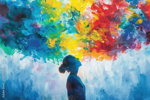 A person stands confidently in front of a vibrant, swirling cloud of colors, with a sense of wonder and awe
