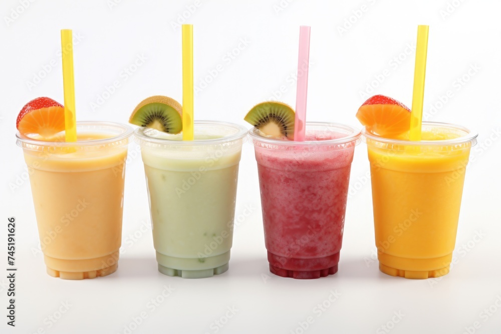 A row of four different colored drinks with straws. Ideal for beverage concepts A row of four different colored drinks with straws. Ideal for beverage concepts