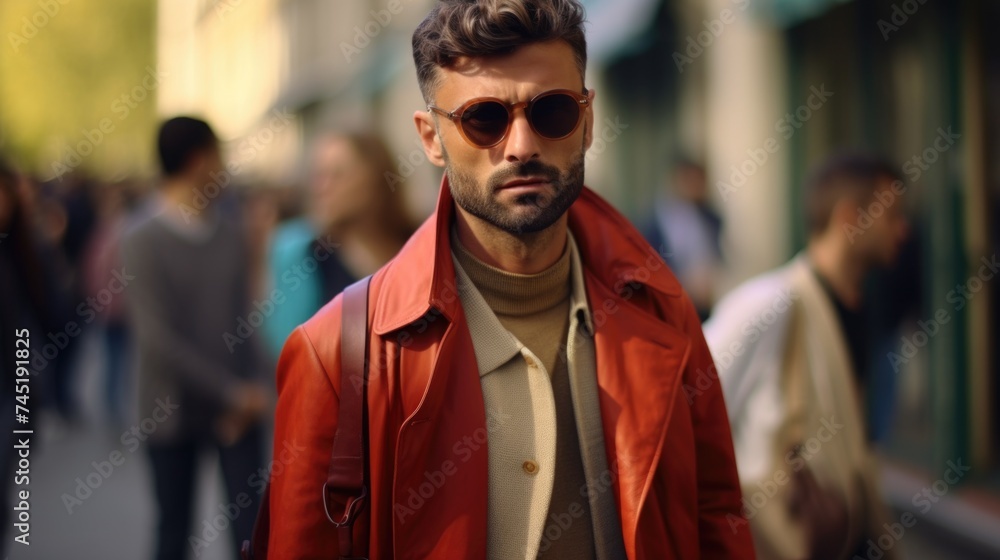 A man dressed in a fashionable red jacket and sunglasses. Perfect for fashion or urban lifestyle concepts - obrazy, fototapety, plakaty 