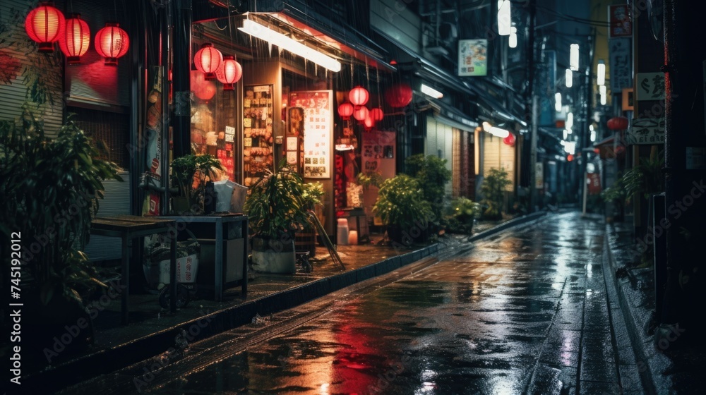A rainy night scene with glowing red lanterns, perfect for urban or atmospheric designs A rainy night scene with glowing red lanterns, perfect for urban or atmospheric designs