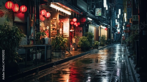 A rainy night scene with glowing red lanterns, perfect for urban or atmospheric designs © Fotograf