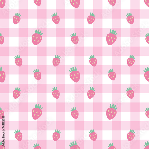 seamless pattern with strawberries on pink plaid 