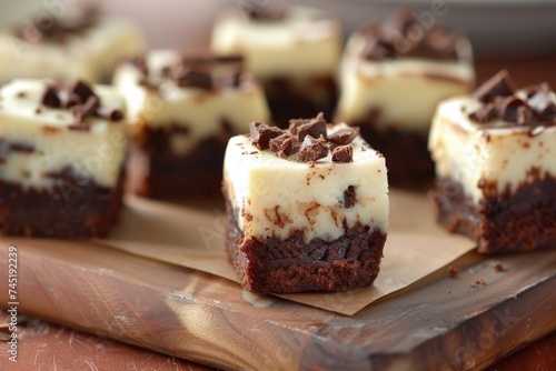 A wooden cutting board displaying decadent brownies topped with white frosting, creating a mouth-watering and indulgent sweet treat