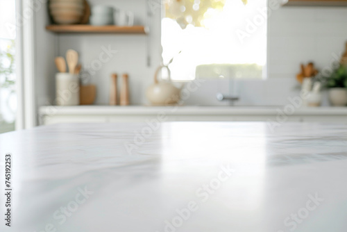 Empty white stone kitchen countertop with copyspace photo