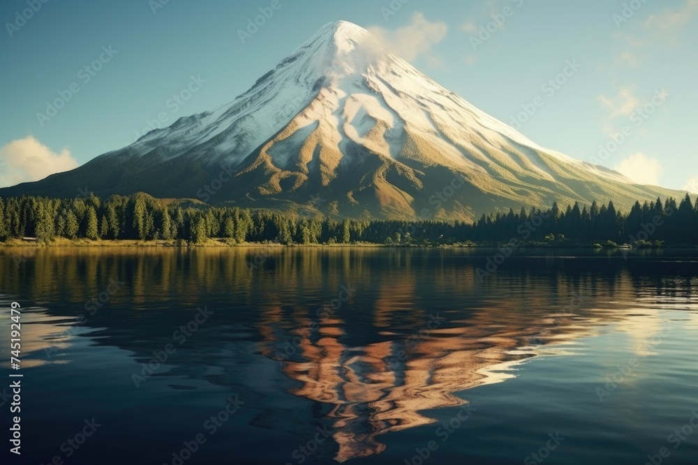 Scenic view of mountain reflecting in calm lake. Suitable for travel brochures Scenic view of mountain reflecting in calm lake. Suitable for travel brochures