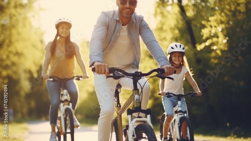 A man riding a bike next to a little girl. Suitable for family and outdoor activities concept