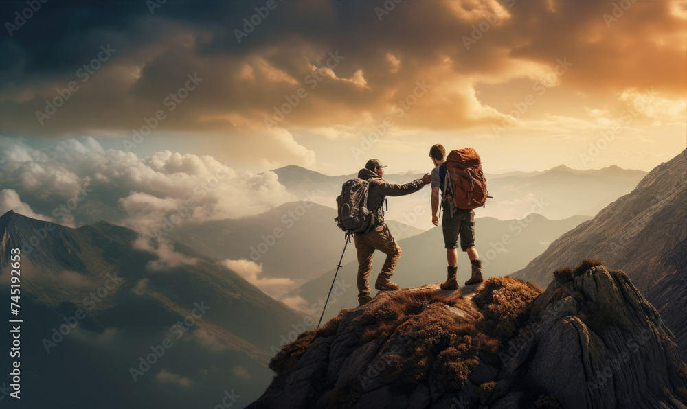 Two fiernds - hikers on the mountain top. Help each other to reach the mountain top - obrazy, fototapety, plakaty 
