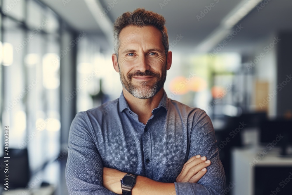 A man in a blue shirt standing with crossed arms. Suitable for business or casual concepts A man in a blue shirt standing with crossed arms. Suitable for business or casual concepts