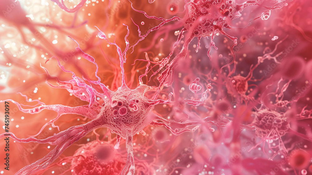microscopic view of some biological cells in red and pink tones microscopic view of some biological cells in red and pink tones