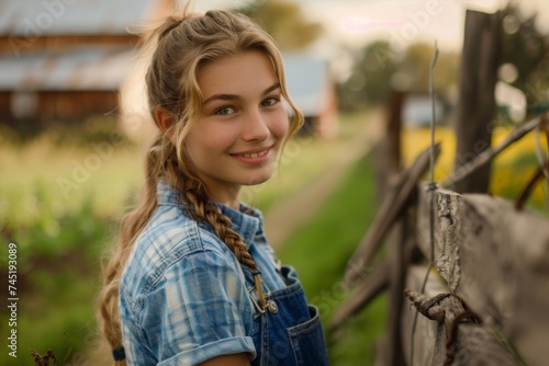 Young Female Farmer Leaning on a Wooden Fence with a Smile at a Farm in Embleton, North East England photo