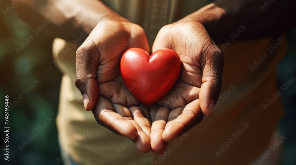 Person holding a red heart, suitable for various occasions Person holding a red heart, suitable for various occasions