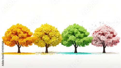 Row of four different colored trees on a white surface. Ideal for nature or environmental concepts