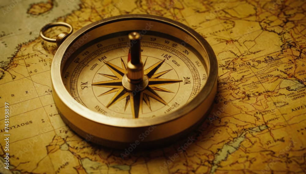Ancient compass on an antique world map Ancient compass on an antique world map
