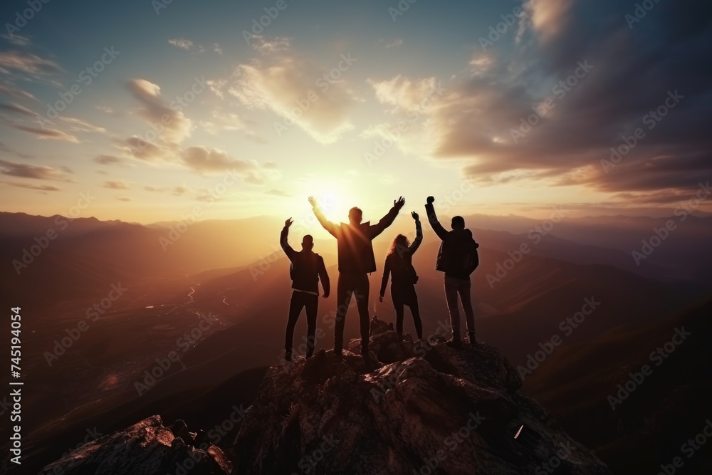 A group of people standing on top of a mountain. Perfect for outdoor and adventure themes