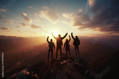 A group of people standing on top of a mountain. Perfect for outdoor and adventure themes