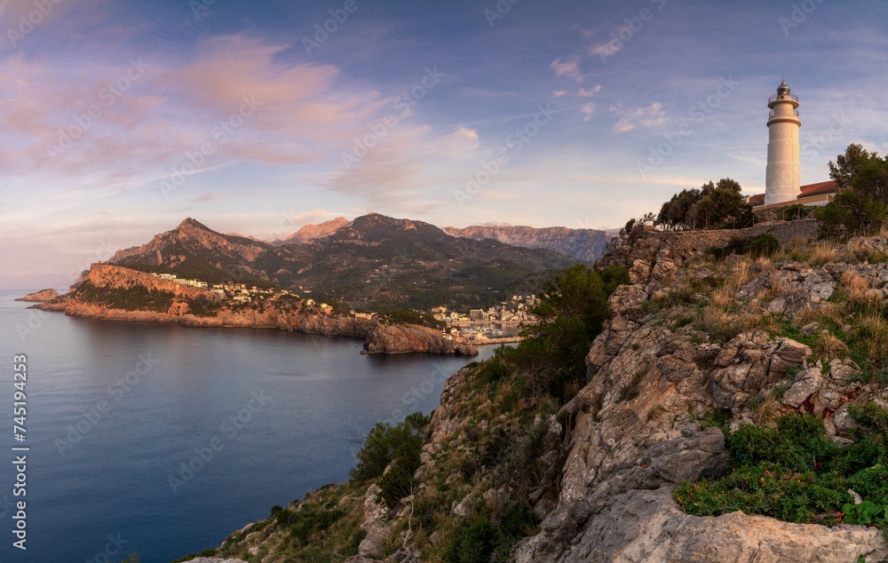 view of the Cap Gros Lighthouse in northern Mallorca at sunset