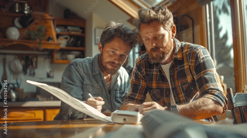 Homeowner and electrician discussing the best location for an EV charger install, smart home and technology EV car concept. Homeowner and electrician discussing the best location for an EV charger install, smart home and technology EV car concept.
