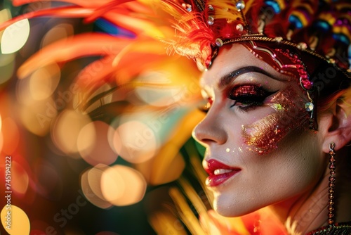 A woman adorned in a vibrant and elaborate costume, with feathers on her head, exudes elegance and charm at the Drag Queen Extravaganza event