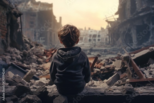 A little boy sitting on a pile of rubble. Suitable for disaster relief or construction themes