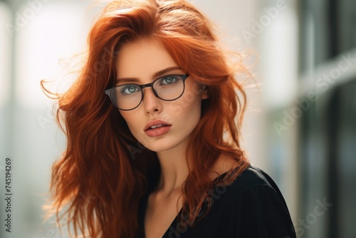 A woman with red hair and glasses posing for a picture. Ideal for lifestyle and fashion blogs © Fotograf