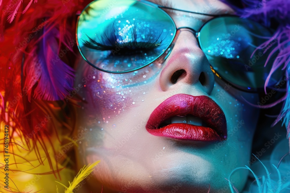 A woman with vibrant, bold makeup close-up, showcasing her artistic and glamorous style with stunning details and colors