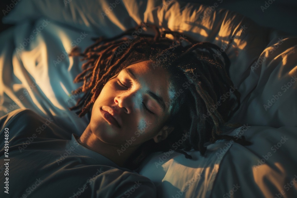 Contemplative Non-Binary Individual Resting Thoughtfully on a Bed with Moody Lighting Contemplative Non-Binary Individual Resting Thoughtfully on a Bed with Moody Lighting