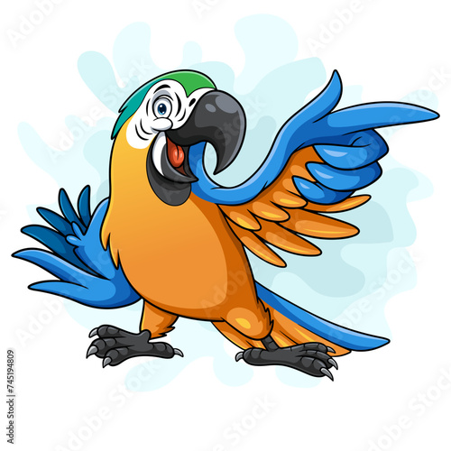 Cartoon blue macaw bird pointing