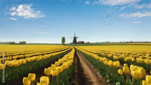 tulip field and windmill under a clear blue sky. The horizon is dotted with windmills and farmhouses. photo